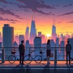 Ilustración moderna de una ciudad tecnológica con rascacielos al amanecer