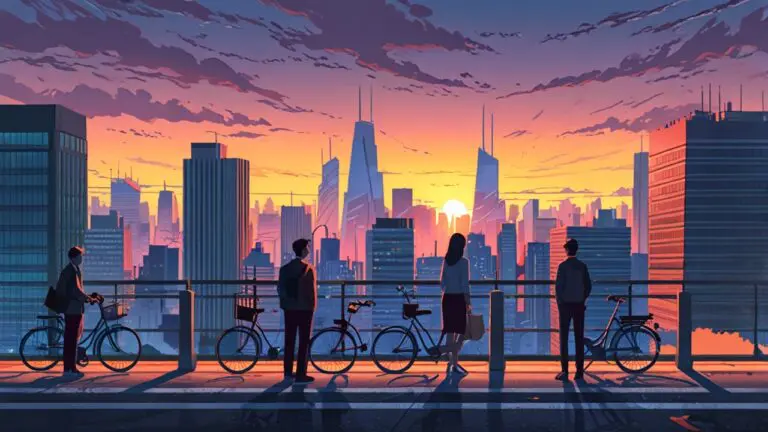 Ilustración moderna de una ciudad tecnológica con rascacielos al amanecer
