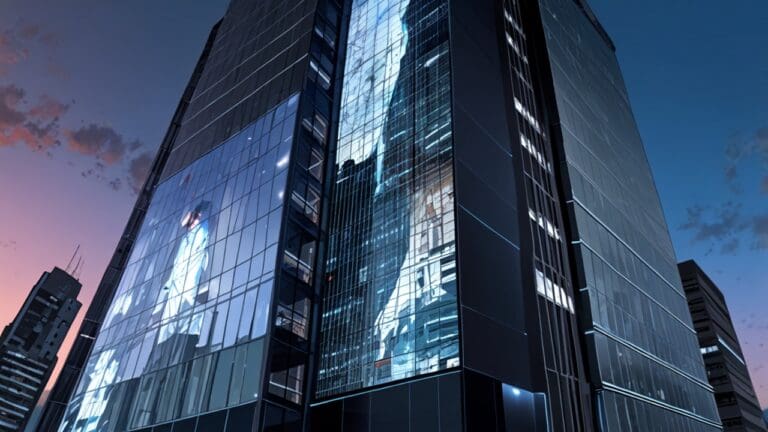 Edificio moderno con pantallas digitales mostrando gráficos de inteligencia artificial
