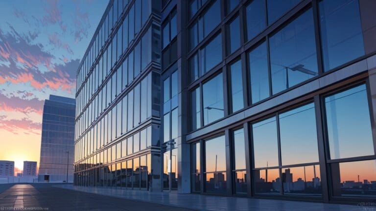 Conjunto de oficinas modernas con fachada de vidrio en una ciudad tecnológica al amanecer