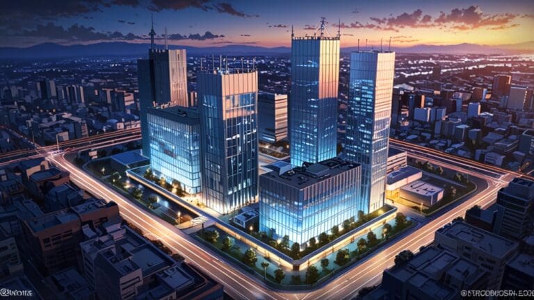 Vista aérea de un centro de innovación tecnológico en una ciudad moderna al anochecer