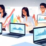 Oficina moderna con laptops y gráficos de crecimiento en pantallas.