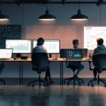 Moderna oficina de startup con laptops y gráficos de innovación en pantallas