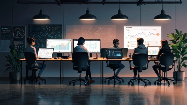 Moderna oficina de startup con laptops y gráficos de innovación en pantallas