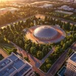 Vista aérea de un parque tecnológico con edificios modernos al atardecer.