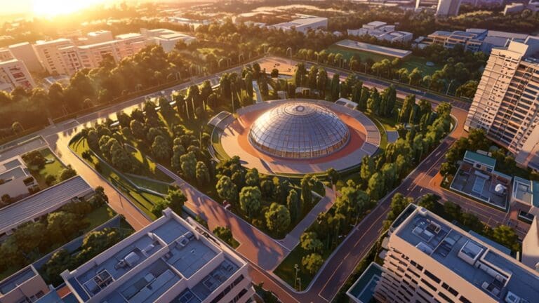 Vista aérea de un parque tecnológico con edificios modernos al atardecer.