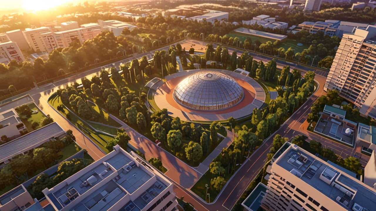 Vista aérea de un parque tecnológico con edificios modernos al atardecer.