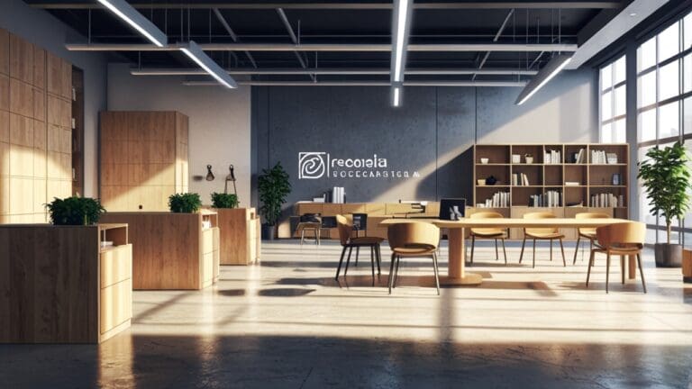 Interior moderno de una oficina con emprendedores colaborando en diseños de envases sostenibles.