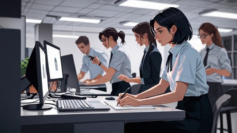 Oficina moderna con jóvenes profesionales trabajando en laptops en un entorno colaborativo