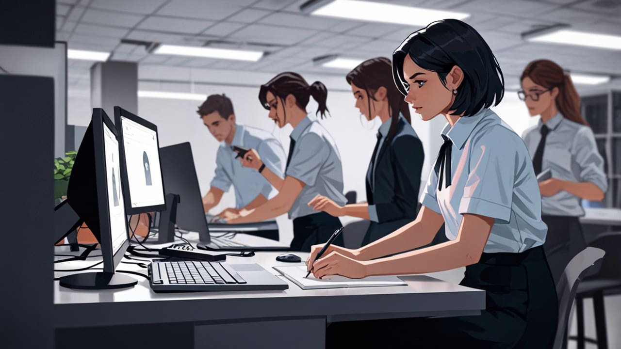 Oficina moderna con jóvenes profesionales trabajando en laptops en un entorno colaborativo