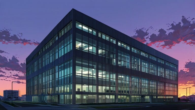 Edificio moderno de incubadora de startups tecnológicas al atardecer