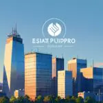 Edificios modernos de una ciudad con un logotipo de start-up en el horizonte.