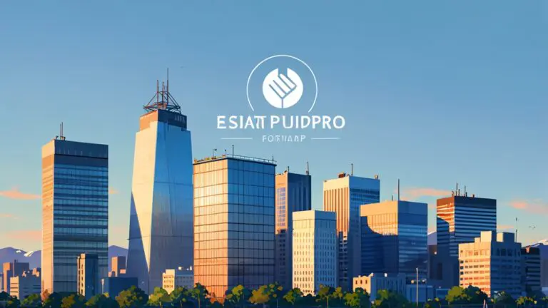 Edificios modernos de una ciudad con un logotipo de start-up en el horizonte.