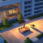 Vista aérea de un moderno parque de oficinas en un entorno rural al atardecer