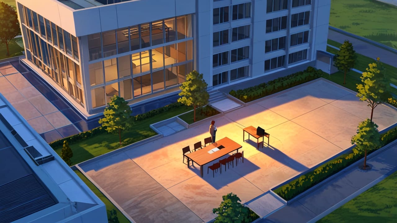 Vista aérea de un moderno parque de oficinas en un entorno rural al atardecer