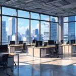Oficinas modernas con ambiente tecnológico y vista panorámica urbana