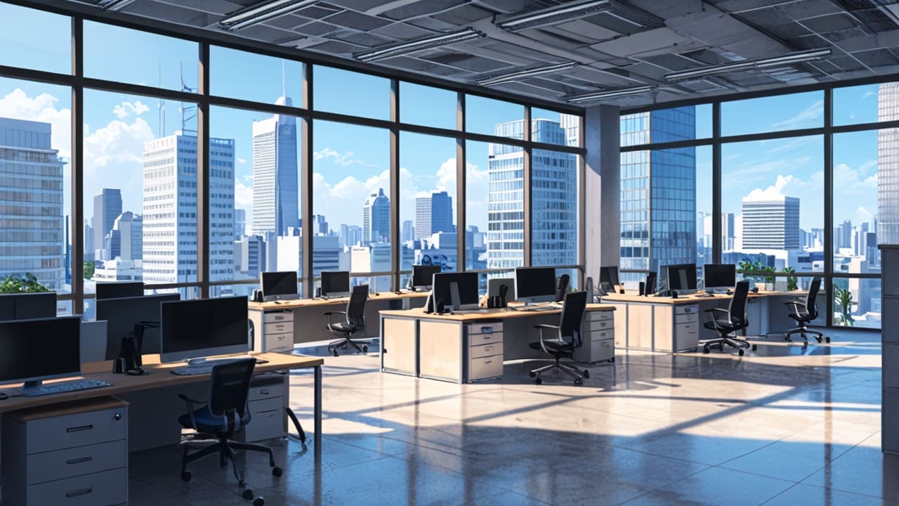 Oficinas modernas con ambiente tecnológico y vista panorámica urbana