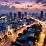 Paisaje urbano moderno de Ciudad Ho Chi Minh con rascacielos al amanecer