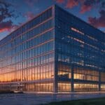 Edificio moderno de oficinas al atardecer en un parque tecnológico.