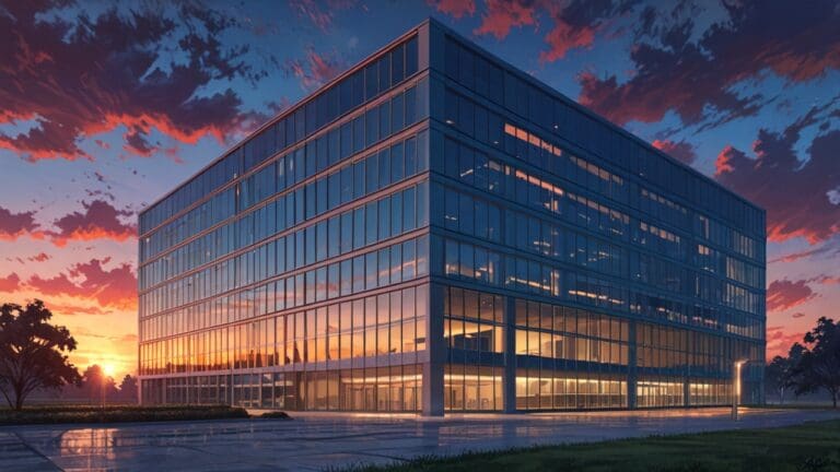 Edificio moderno de oficinas al atardecer en un parque tecnológico.