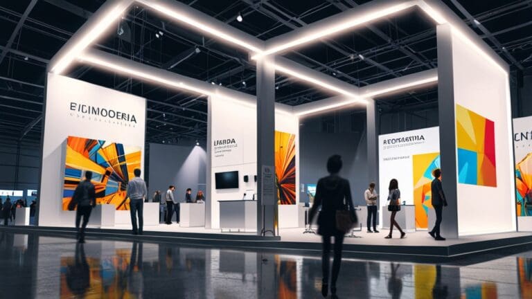 Interior moderno de una feria tecnológica con expositores iluminados y asistentes explorando stands