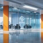 Oficinas modernas de una empresa tecnológica con logotipos en paredes de cristal