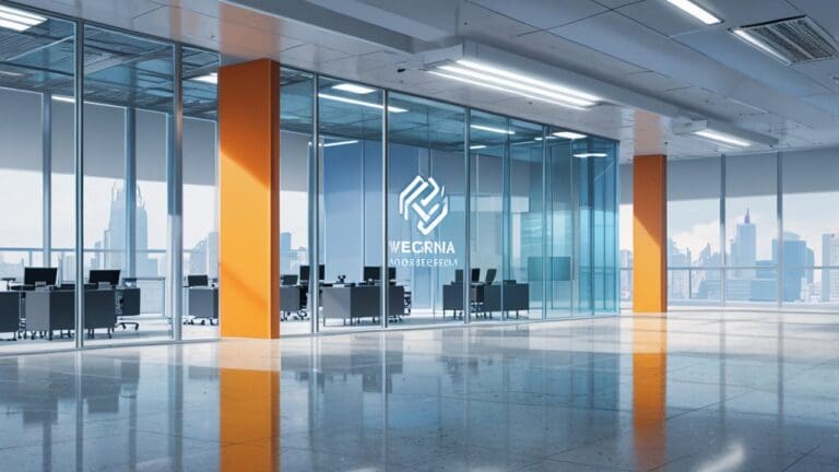 Oficinas modernas de una empresa tecnológica con logotipos en paredes de cristal