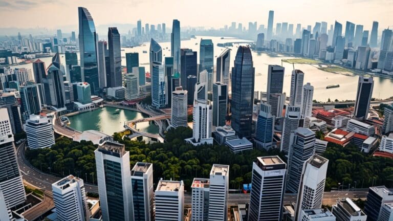 Vista aérea de Singapur con rascacielos y un centro de startups tecnológicas al fondo