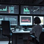 Oficina moderna con computadoras y tabletas mostrando gráficos de datos digitales