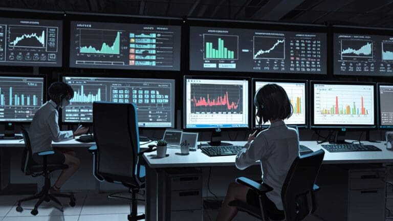 Oficina moderna con computadoras y tabletas mostrando gráficos de datos digitales