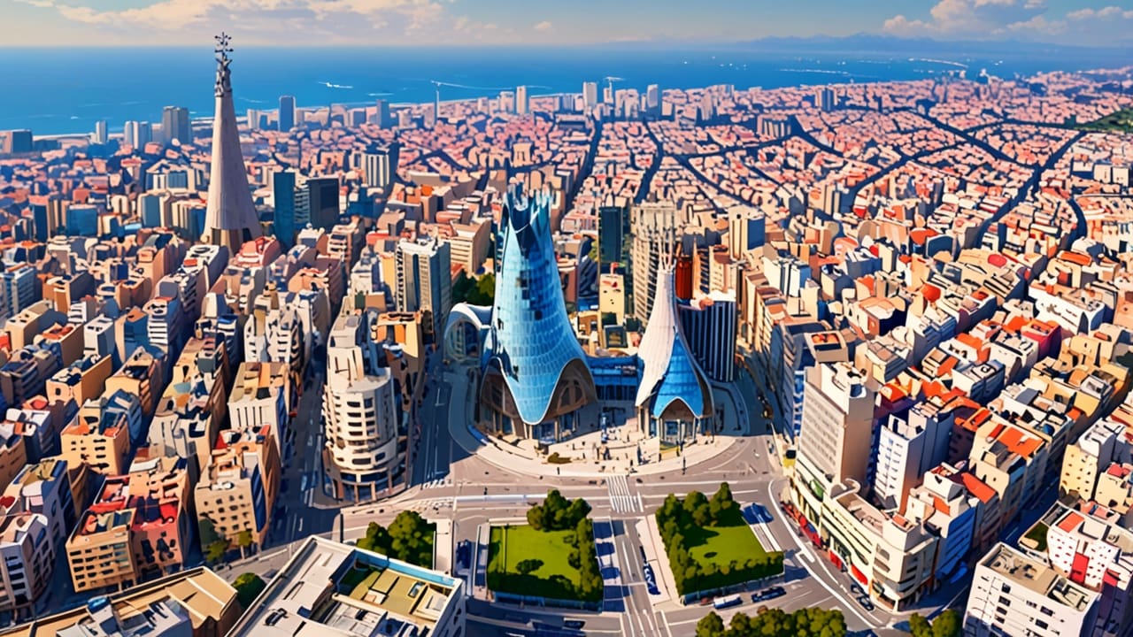 Panorámica de la ciudad de Barcelona con modernos edificios tecnológicos.