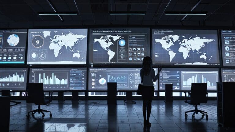 Oficina moderna con computadoras y gráficos de inteligencia artificial en una pantalla