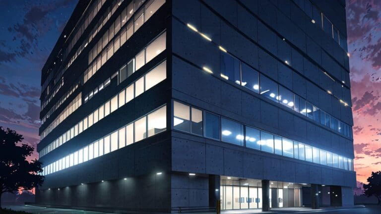 Edificio moderno de biotecnología con luces brillantes al anochecer