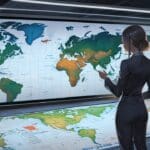Oficina moderna con pantallas mostrando gráficos de crecimiento empresarial y mapas de América del Norte