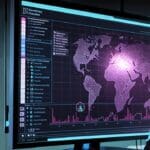 Pantalla de computadora mostrando gráficos de seguridad cibernética en una oficina moderna