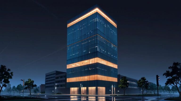 Edificio moderno y tecnológico iluminado, símbolo de innovación y ciencia.