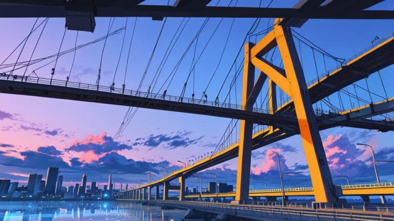 Puente moderno de acero al amanecer con ciudad de fondo, destacando ingeniería avanzada.