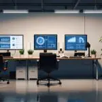 Oficinas modernas de una startup tecnológica con pantallas digitales en funcionamiento.