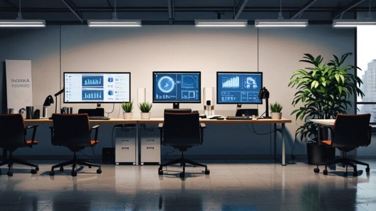 Oficinas modernas de una startup tecnológica con pantallas digitales en funcionamiento.