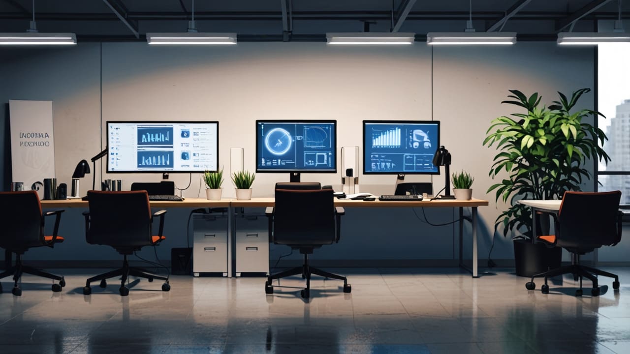 Oficinas modernas de una startup tecnológica con pantallas digitales en funcionamiento.