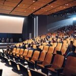 Auditorio moderno lleno de emprendedores y expertos participando en un evento tecnológico