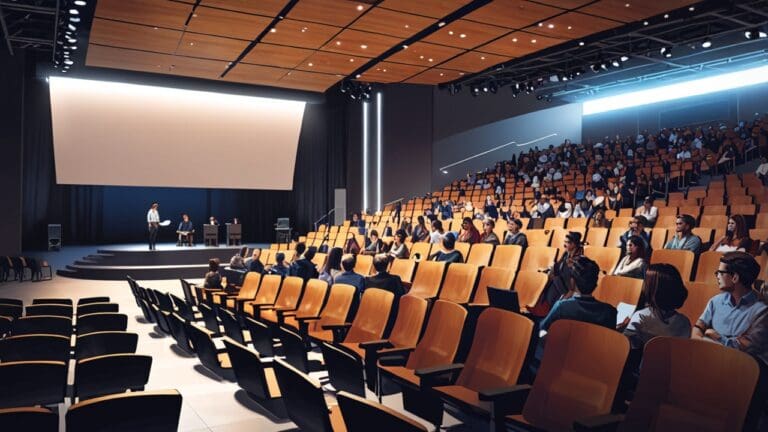 Auditorio moderno lleno de emprendedores y expertos participando en un evento tecnológico