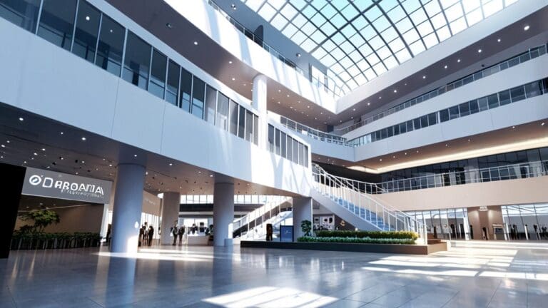 Vista de un moderno centro de convenciones rodeado de emprendedores y dispositivos de alta tecnología