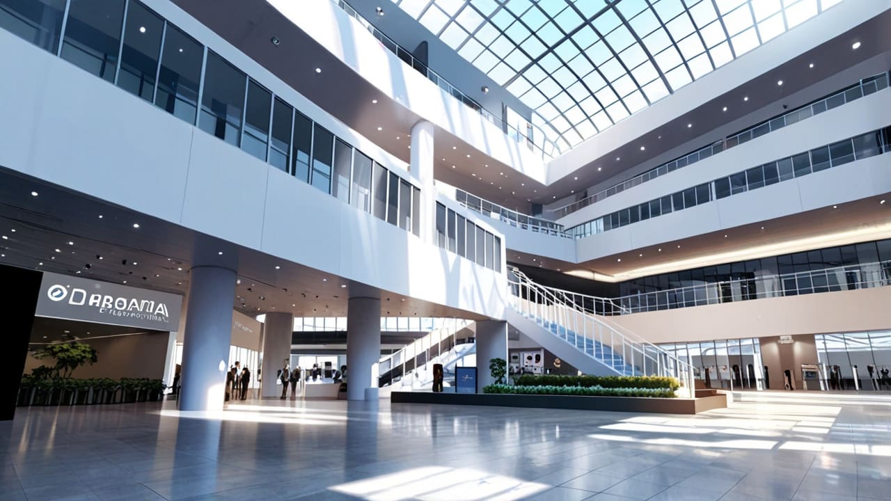 Vista de un moderno centro de convenciones rodeado de emprendedores y dispositivos de alta tecnología