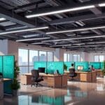 Oficinas modernas de una startup en Latinoamérica con ambiente tecnológico.