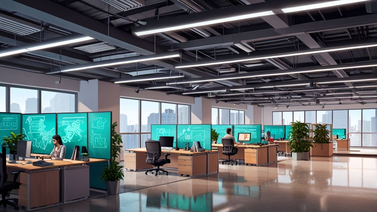 Oficinas modernas de una startup en Latinoamérica con ambiente tecnológico.