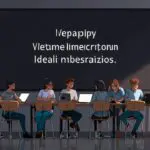 Grupo de jóvenes desarrollando ideas frente a laptops en un entorno moderno y tecnológico, con una pizarra de fondo con esquemas de negocio