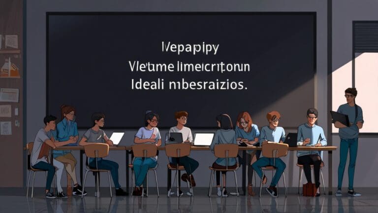 Grupo de jóvenes desarrollando ideas frente a laptops en un entorno moderno y tecnológico, con una pizarra de fondo con esquemas de negocio