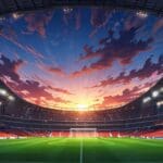 Vista de un estadio de fútbol moderno con un fondo tecnológico durante el atardecer