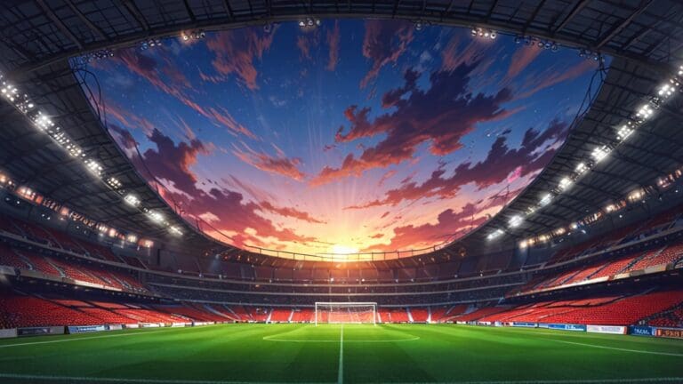 Vista de un estadio de fútbol moderno con un fondo tecnológico durante el atardecer